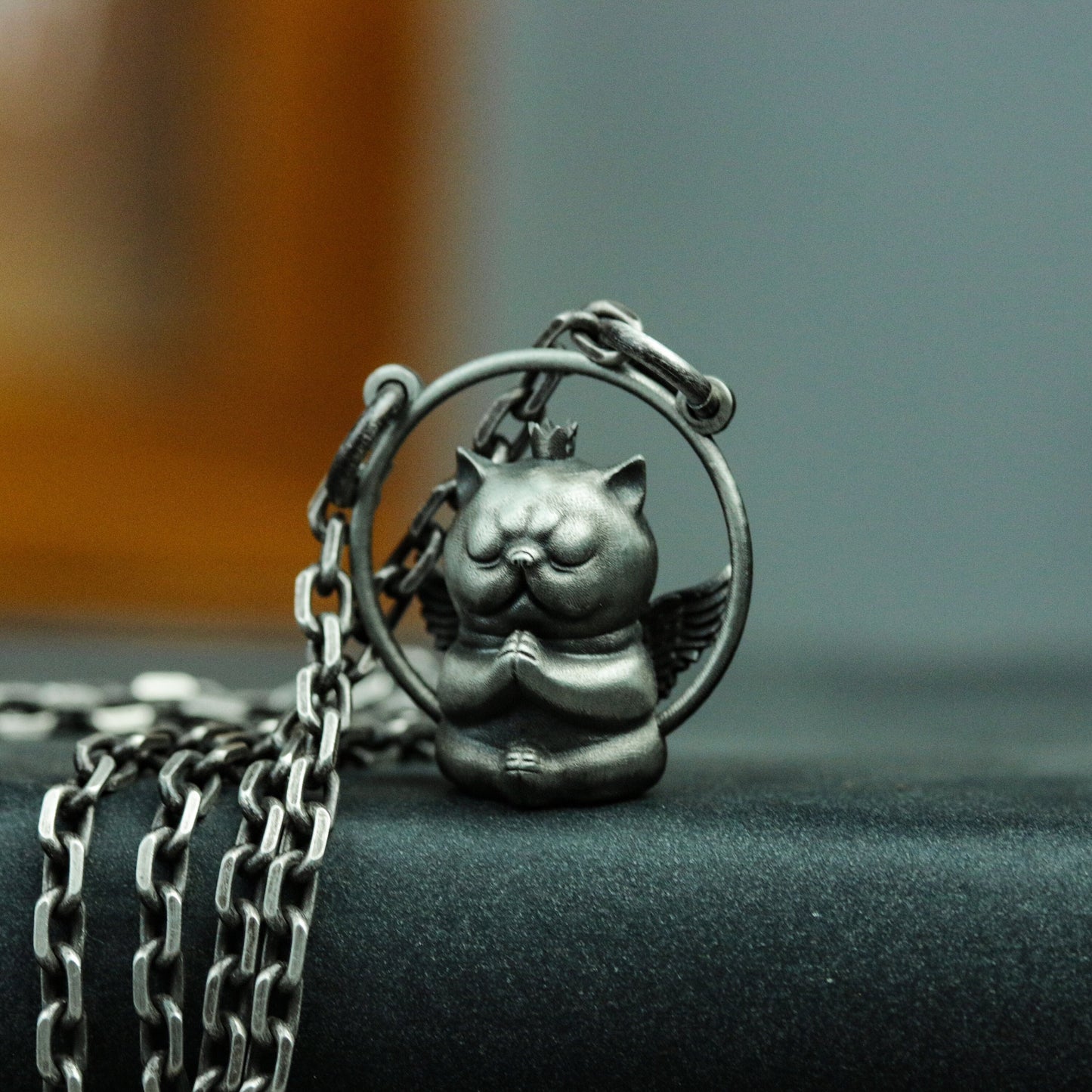 Little Angel Short-Eared Cat Silver Pendant Necklace, Alternative Angel Devil Pendant, God's Cat