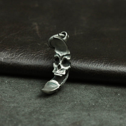 Moon Skull 925 Silver Pendant Necklace, Personalized Silver Pendant, Handmade Gothic Silver Skull Pendant