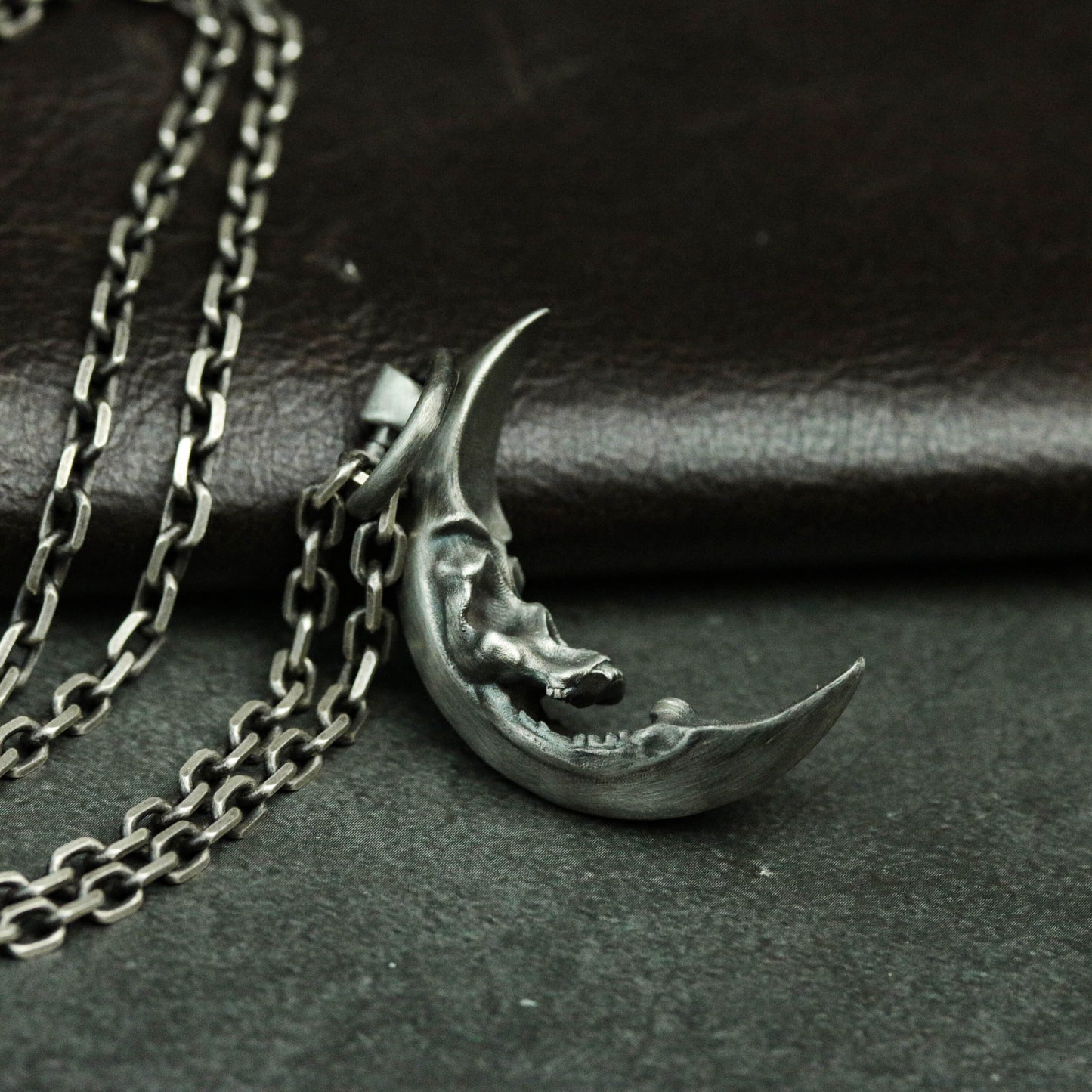 Moon Skull 925 Silver Pendant Necklace, Personalized Silver Pendant, Handmade Gothic Silver Skull Pendant