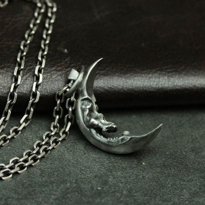 Moon Skull 925 Silver Pendant Necklace, Personalized Silver Pendant, Handmade Gothic Silver Skull Pendant