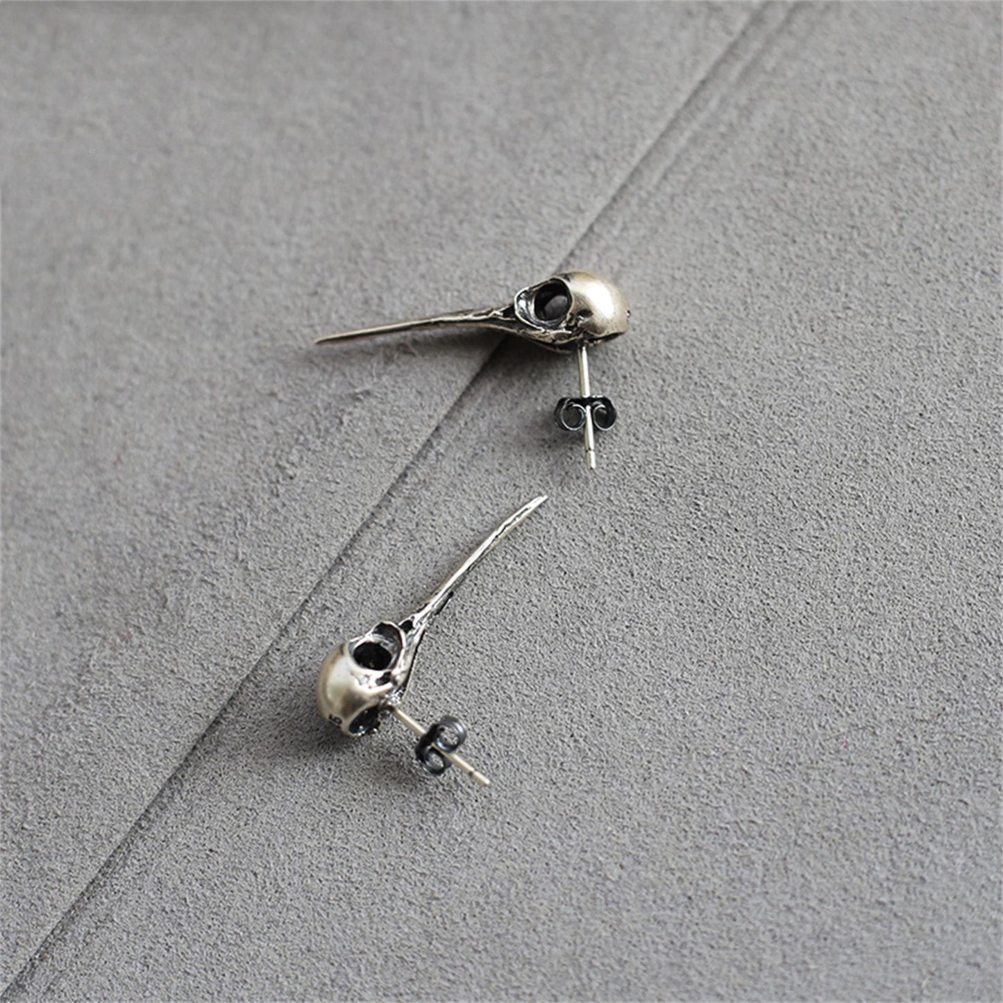 A pair Bird skull 925 silver earrings, Gothic handmade silver earrings, punk personality silver earrings