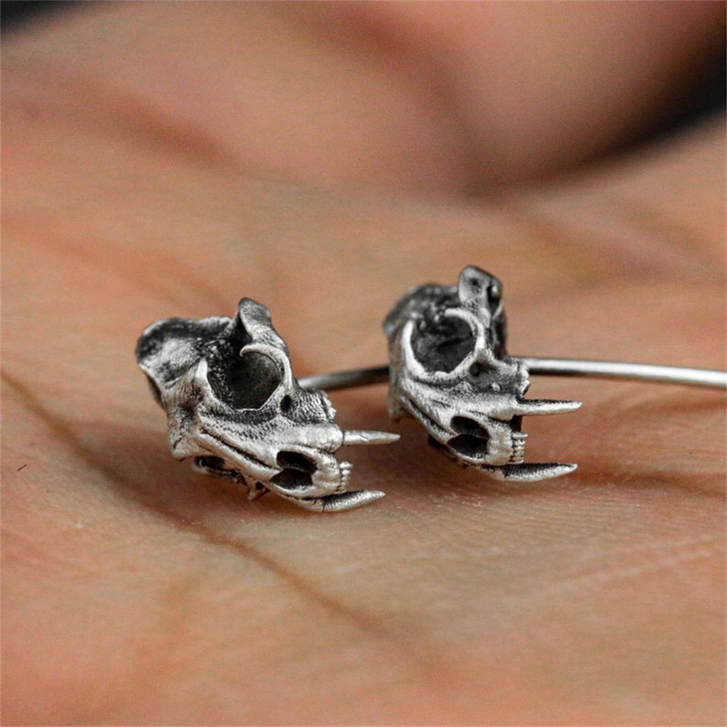 A pair Sabertooth tiger skull 925 silver earrings, animal skull silver earrings, tiger skull goth gift for men earrings