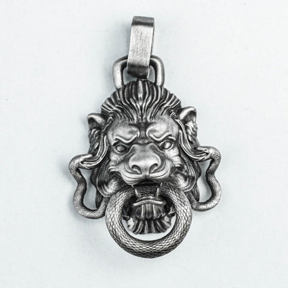 925 sterling silver necklace, evil god silver pendant, snake-biting lion brass pendant, Chinese Tang lion antique ethnic jewelry