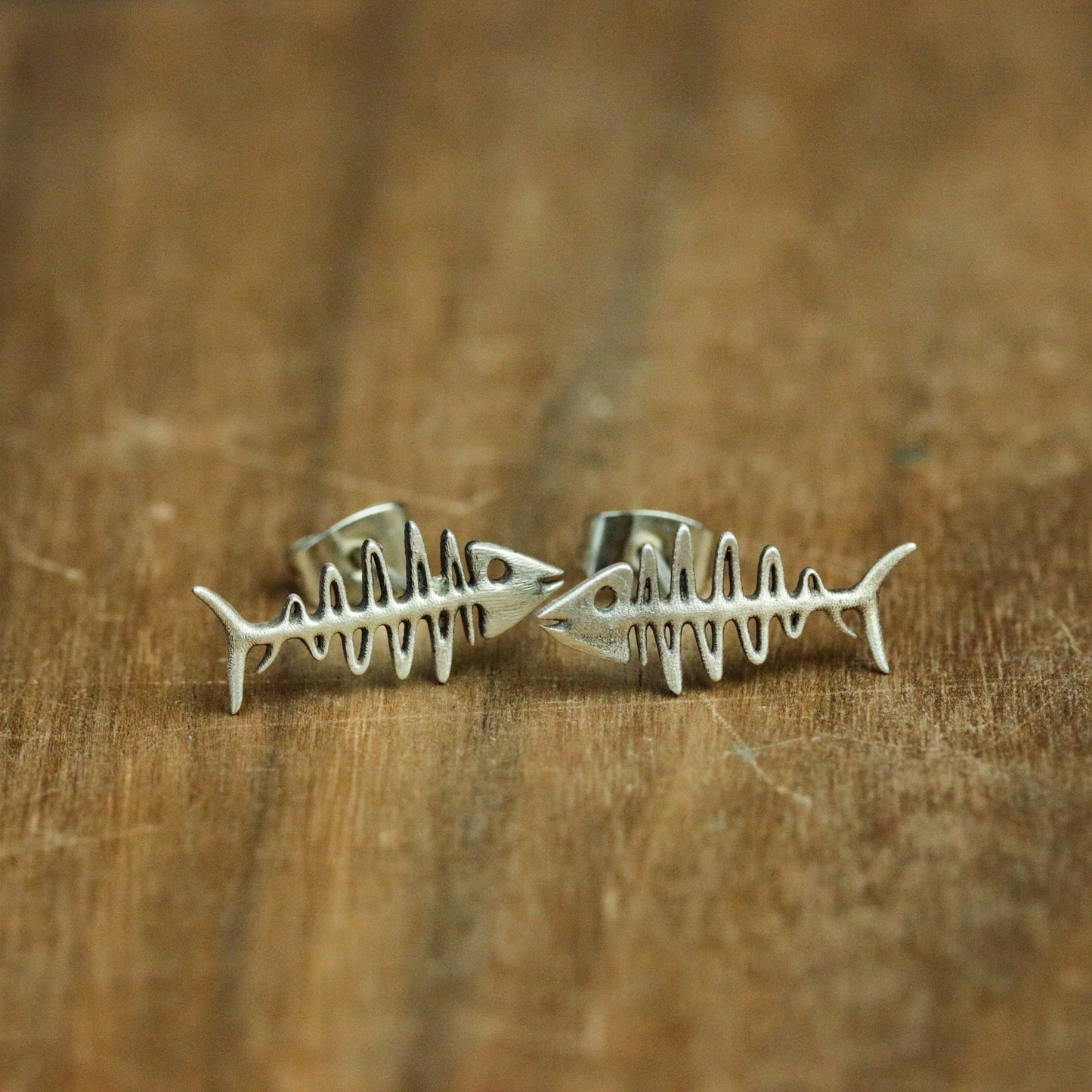 Fishbone 925 Silver Stud Earrings, Gothic Fishbone Silver Jewelry, Skull Fish Handmade Stud Earrings Silver Gift