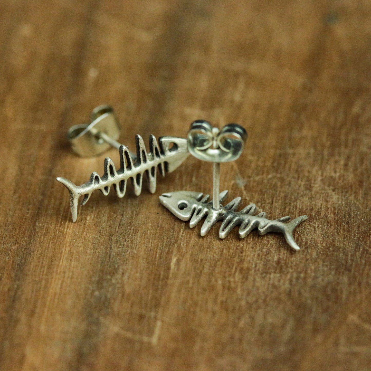 Fishbone 925 Silver Stud Earrings, Gothic Fishbone Silver Jewelry, Skull Fish Handmade Stud Earrings Silver Gift