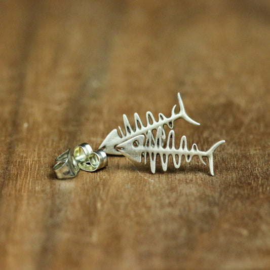 Fishbone 925 Silver Stud Earrings, Gothic Fishbone Silver Jewelry, Skull Fish Handmade Stud Earrings Silver Gift