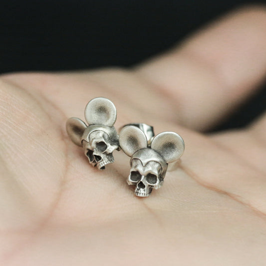 Duo-Circle Shadow Skull Earrings Big Ear Skull Animal 925 Silver Stud Fantasy Jewelry