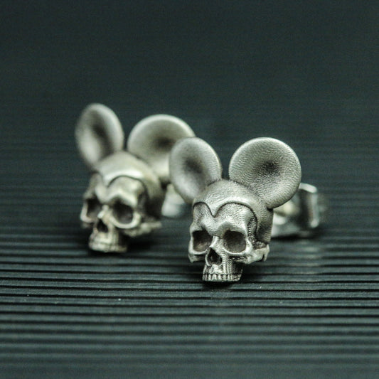 Mickey Skull 925 Silver Earrings, Gothic Mouse Earrings, Animal Silver Earrings, Skull Earrings