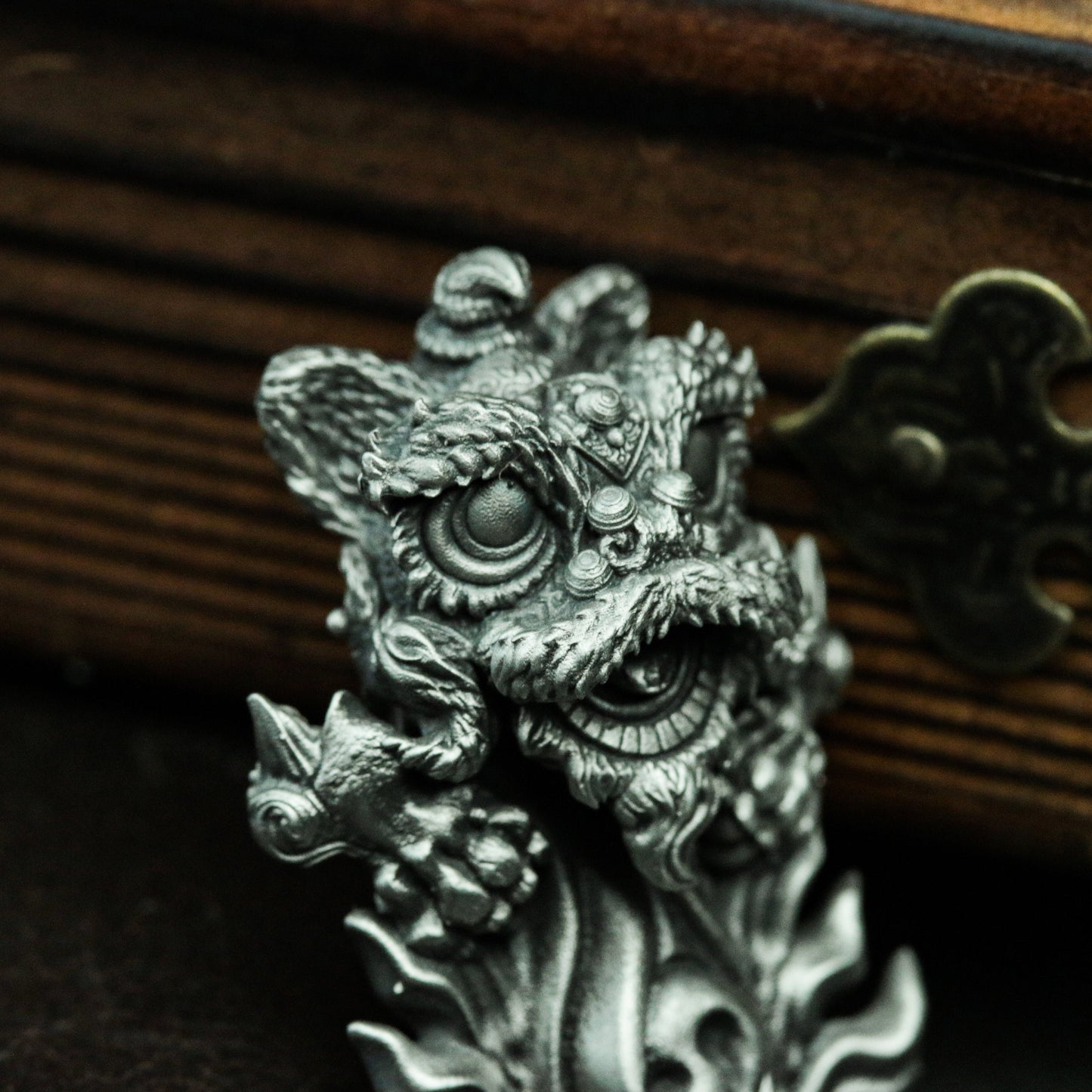 Chinese style lion 925 silver pendant necklace, lion dance on flame, lion head token pendant personalized lion dance gift