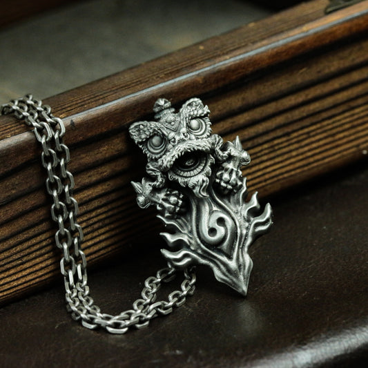 Chinese style lion 925 silver pendant necklace, lion dance on flame, lion head token pendant personalized lion dance gift