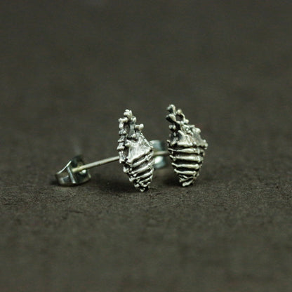 Skull Heart Sterling Silver Stud Earrings, Anatomical Jewelry, Heart Silver Jewelry, Human Organ Jewelry - Handmade