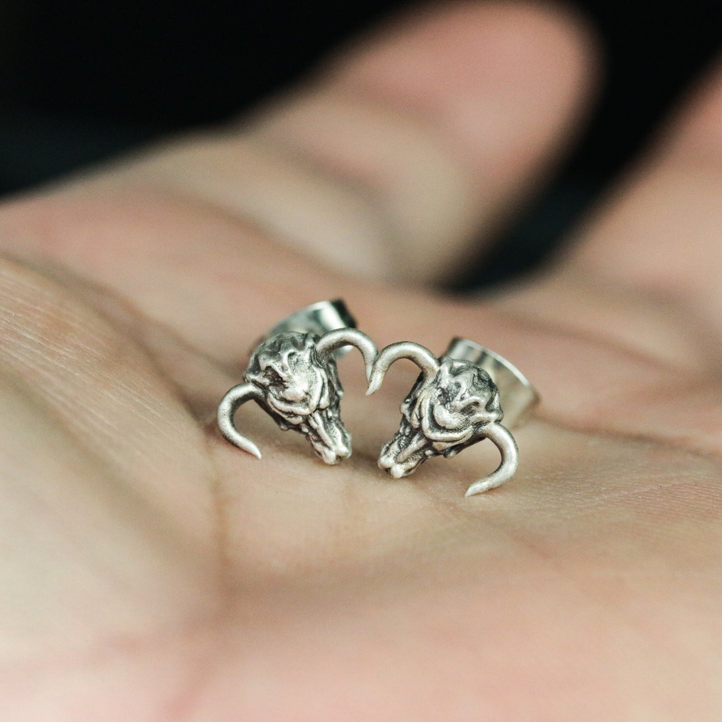 Skull Bull Head 925 Silver Stud Earrings, Animal Skull Silver Earrings, Gothic Bullfighting Silver Stud Earrings - Handmade