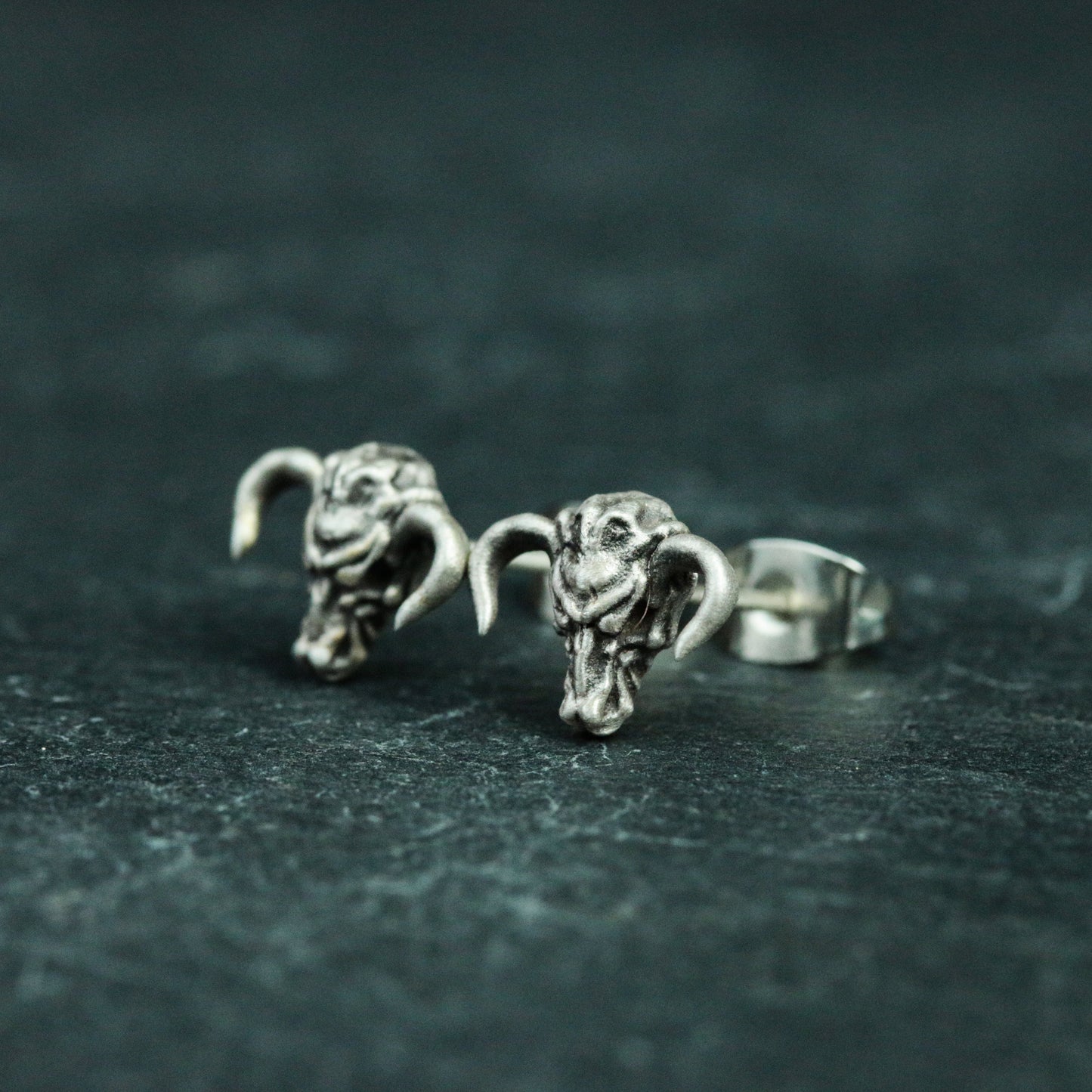 Skull Bull Head 925 Silver Stud Earrings, Animal Skull Silver Earrings, Gothic Bullfighting Silver Stud Earrings - Handmade