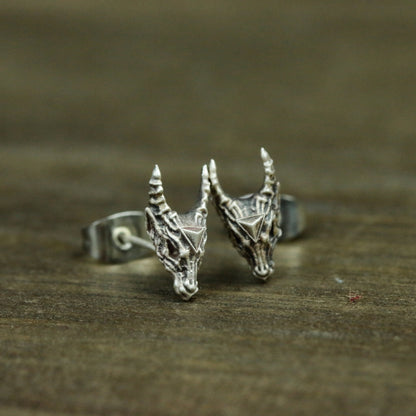 Skull Sheep Head 925 Sterling Silver Stud Earrings, Silver Sheep Jewelry Earrings, Gothic Skull Personality Stud Earrings - Gift for Him