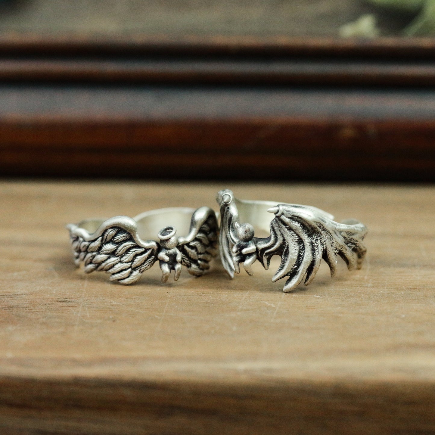 Angels and Demons 925 Silver Ring, Gothic Angel Couple Ring, Adjustable Handmade Sterling Silver Ring - Handmade