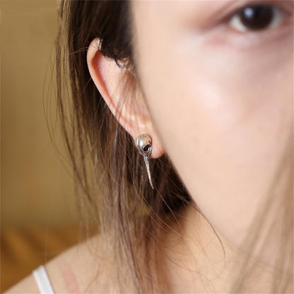 A pair Bird skull 925 silver earrings, Gothic handmade silver earrings, punk personality silver earrings