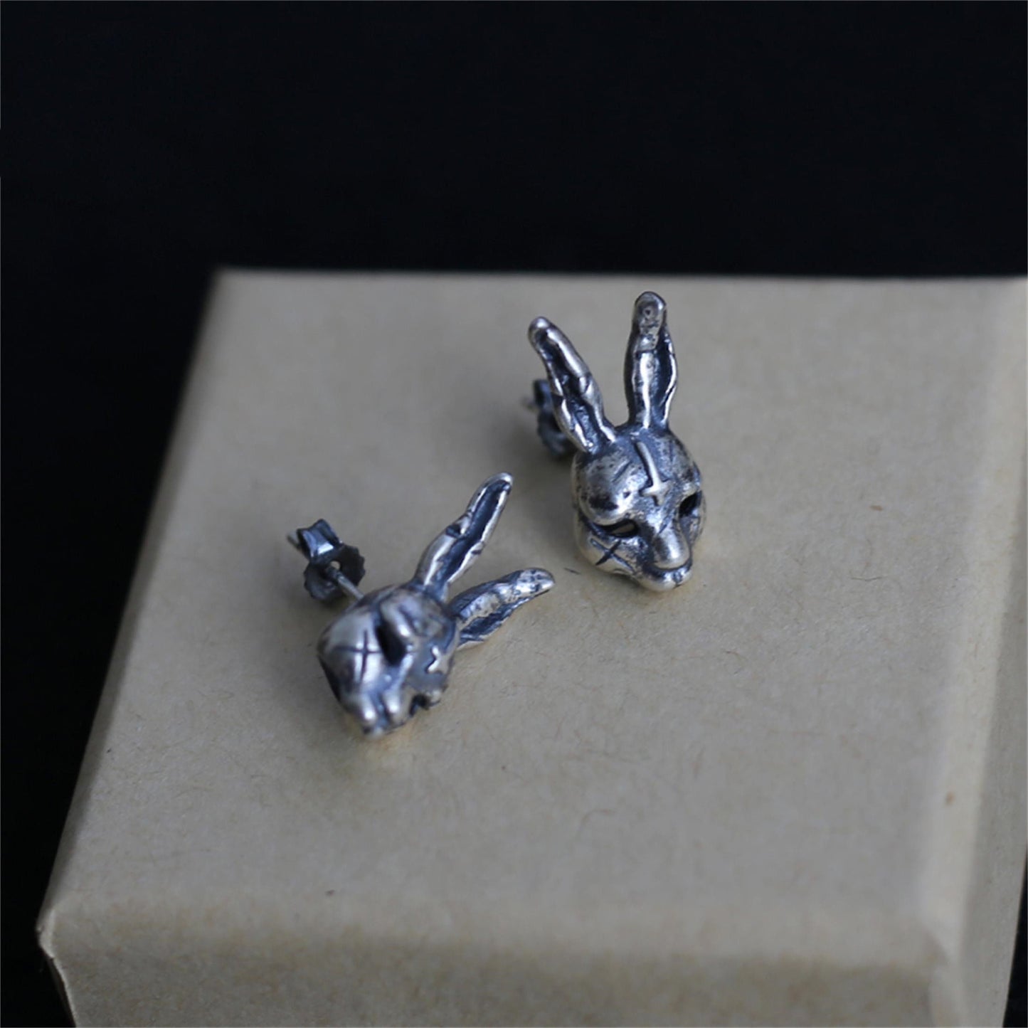 A pair Gothic rabbit 925 silver earrings, black handmade silver earrings, scar rabbit earrings