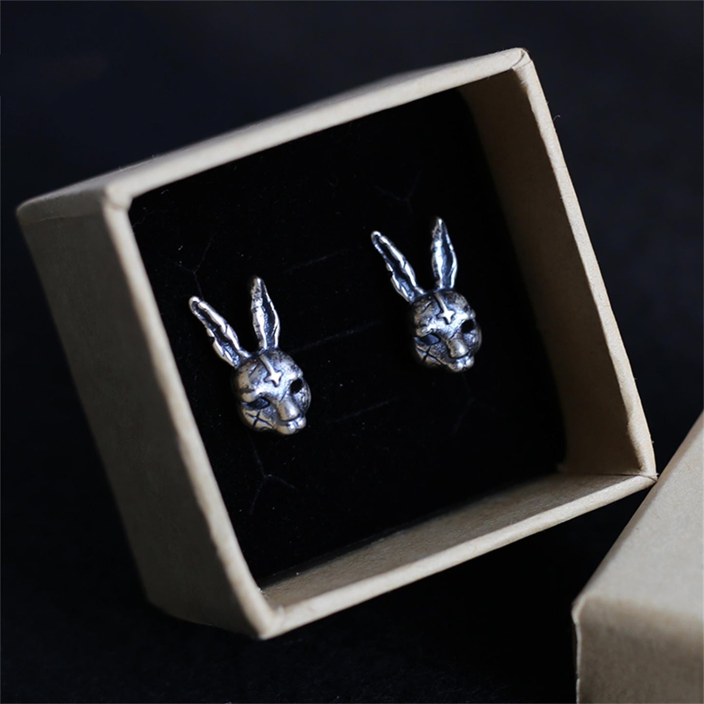 A pair Gothic rabbit 925 silver earrings, black handmade silver earrings, scar rabbit earrings