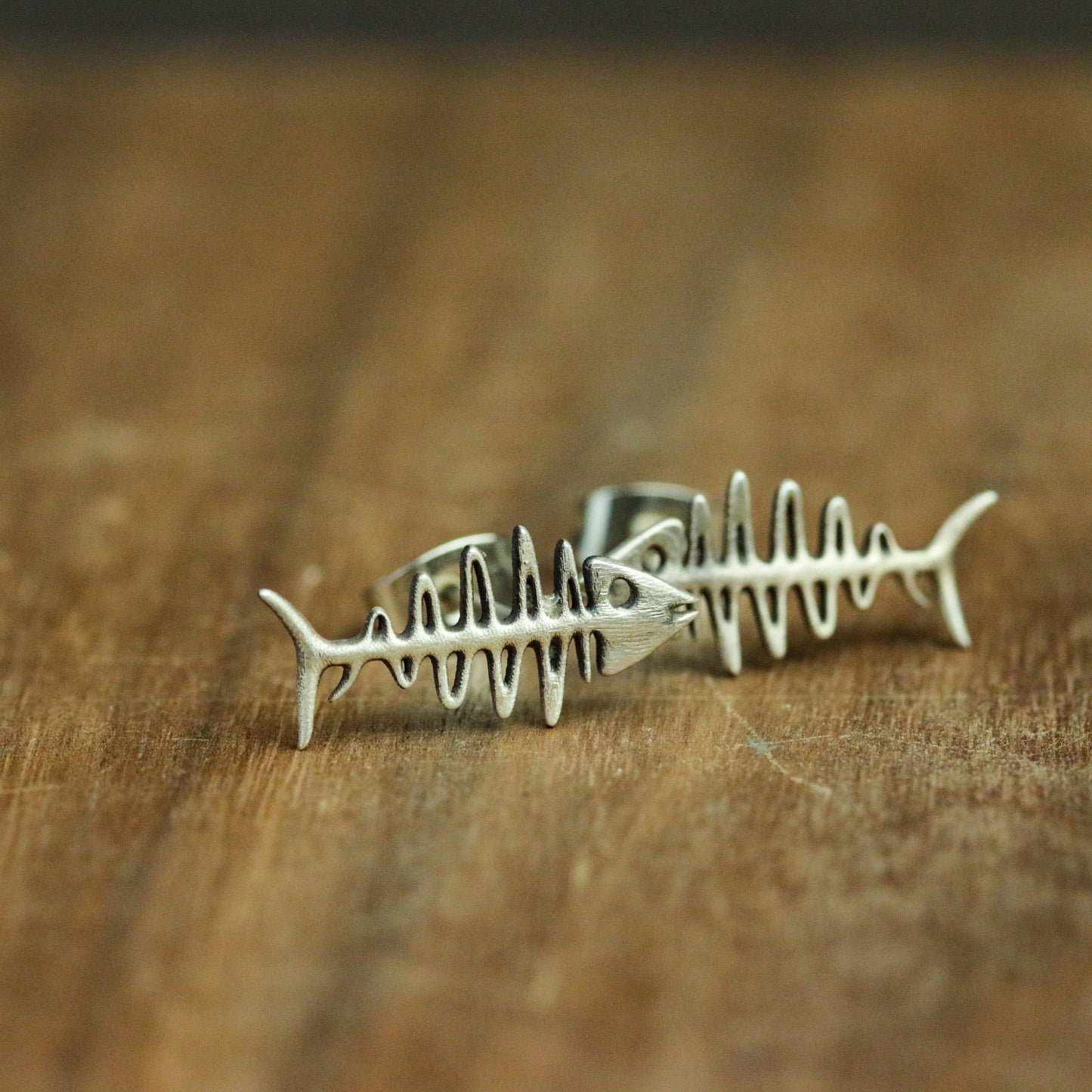 Fishbone 925 Silver Stud Earrings, Gothic Fishbone Silver Jewelry, Skull Fish Handmade Stud Earrings Silver Gift