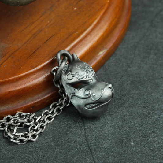 Japanese Fox Mask 925 Silver Pendant Necklace, Ball Mask Silver Jewelry Necklace, Personality Pendant Gift Artisan Made