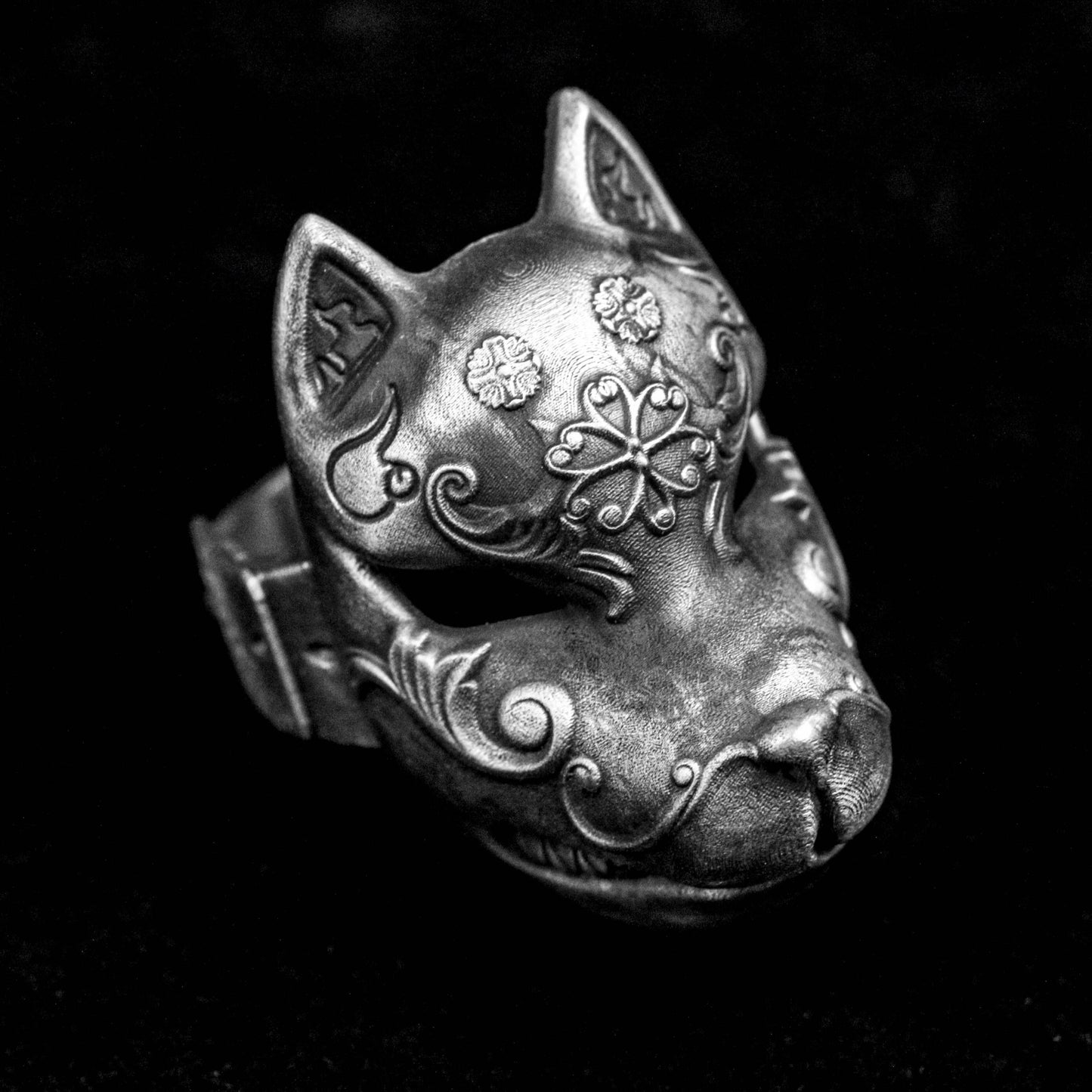 Vintage silver ring, Japanese-style Noh face brass ring, fox mask silver ring, pattern Xunqi fox fairy and wind demon cat dance dress