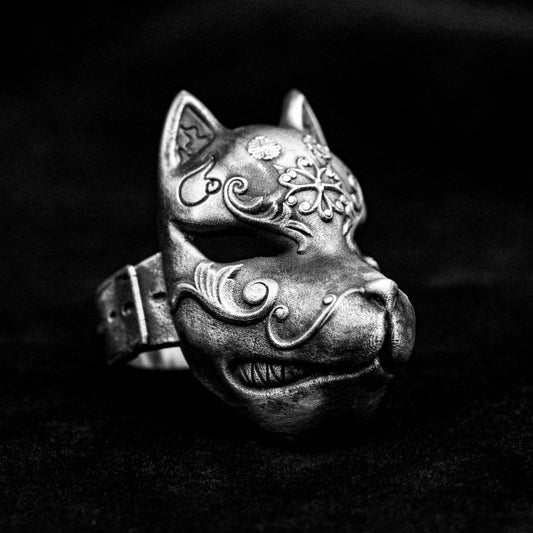 Vintage silver ring, Japanese-style Noh face brass ring, fox mask silver ring, pattern Xunqi fox fairy and wind demon cat dance dress