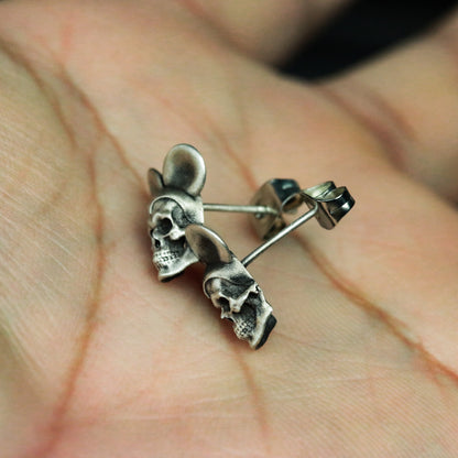 Artisan Shadow Rodent Skull Drop Earrings 925 Silver Big Ear Skull Fantasy Jewelry