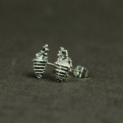 Skull Heart Sterling Silver Stud Earrings, Anatomical Jewelry, Heart Silver Jewelry, Human Organ Jewelry - Handmade