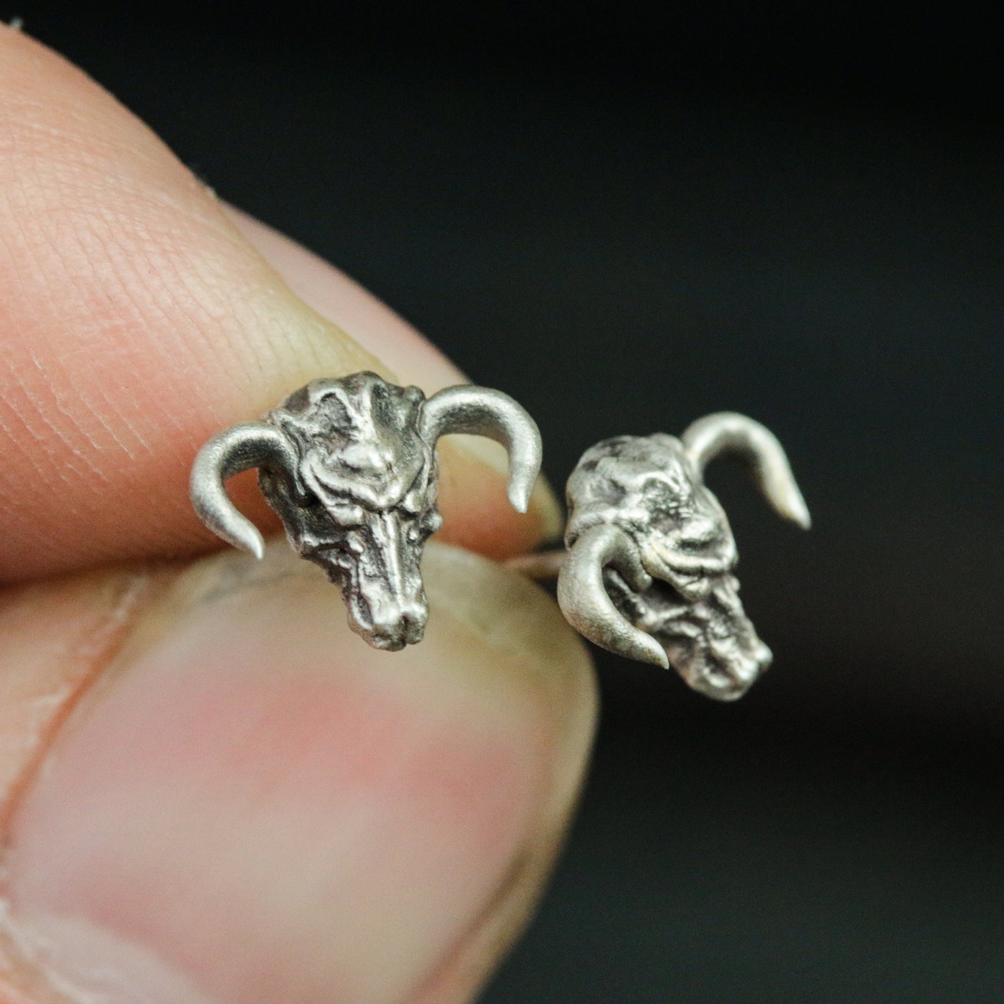 Skull Bull Head 925 Silver Stud Earrings, Animal Skull Silver Earrings, Gothic Bullfighting Silver Stud Earrings - Handmade