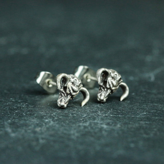 Skull Bull Head 925 Silver Stud Earrings, Animal Skull Silver Earrings, Gothic Bullfighting Silver Stud Earrings - Handmade