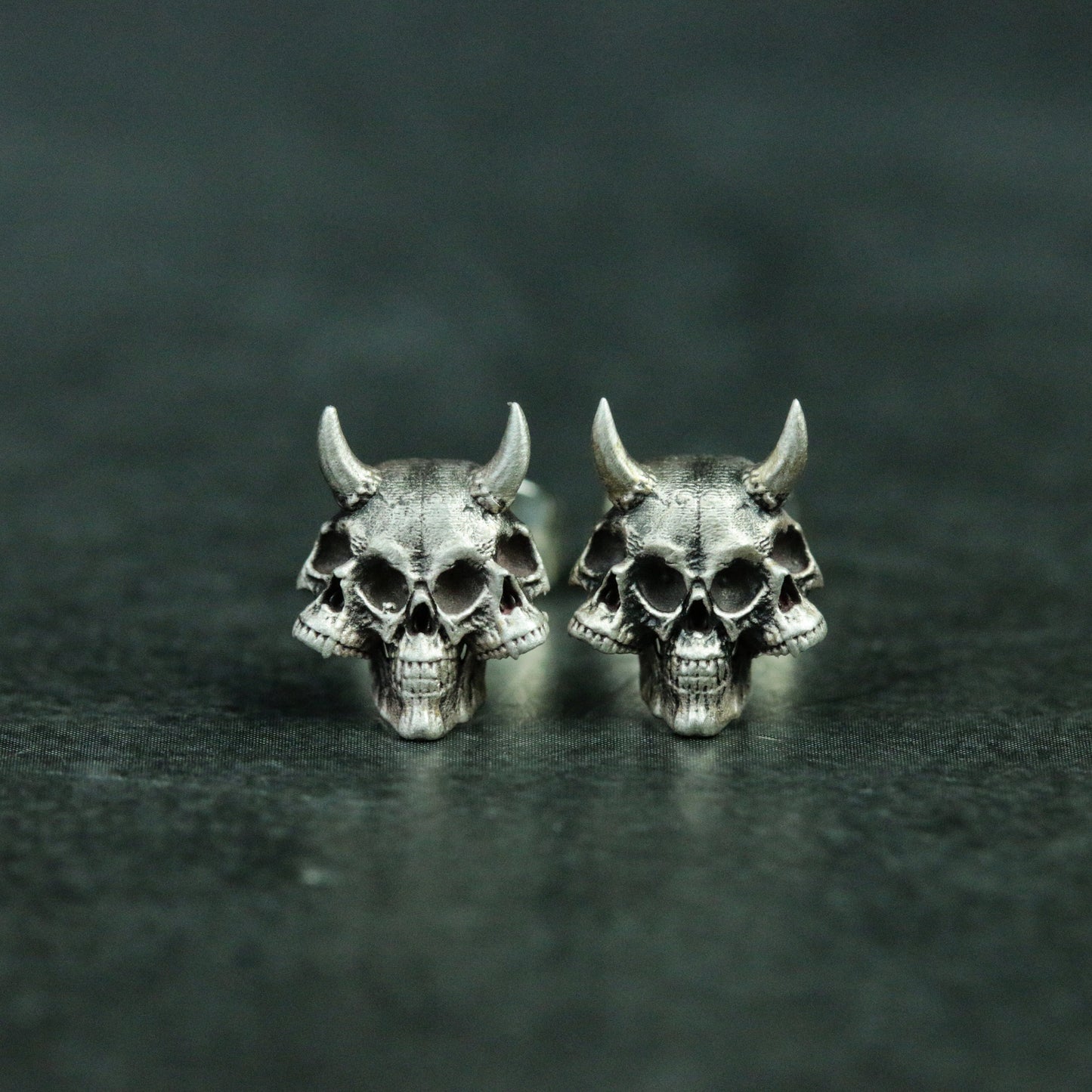 Three Skull 925 Sterling Silver Earrings, Devil Horns Skull Silver Stud Earrings, Gothic Skull Silver Stud Earrings - Handmade