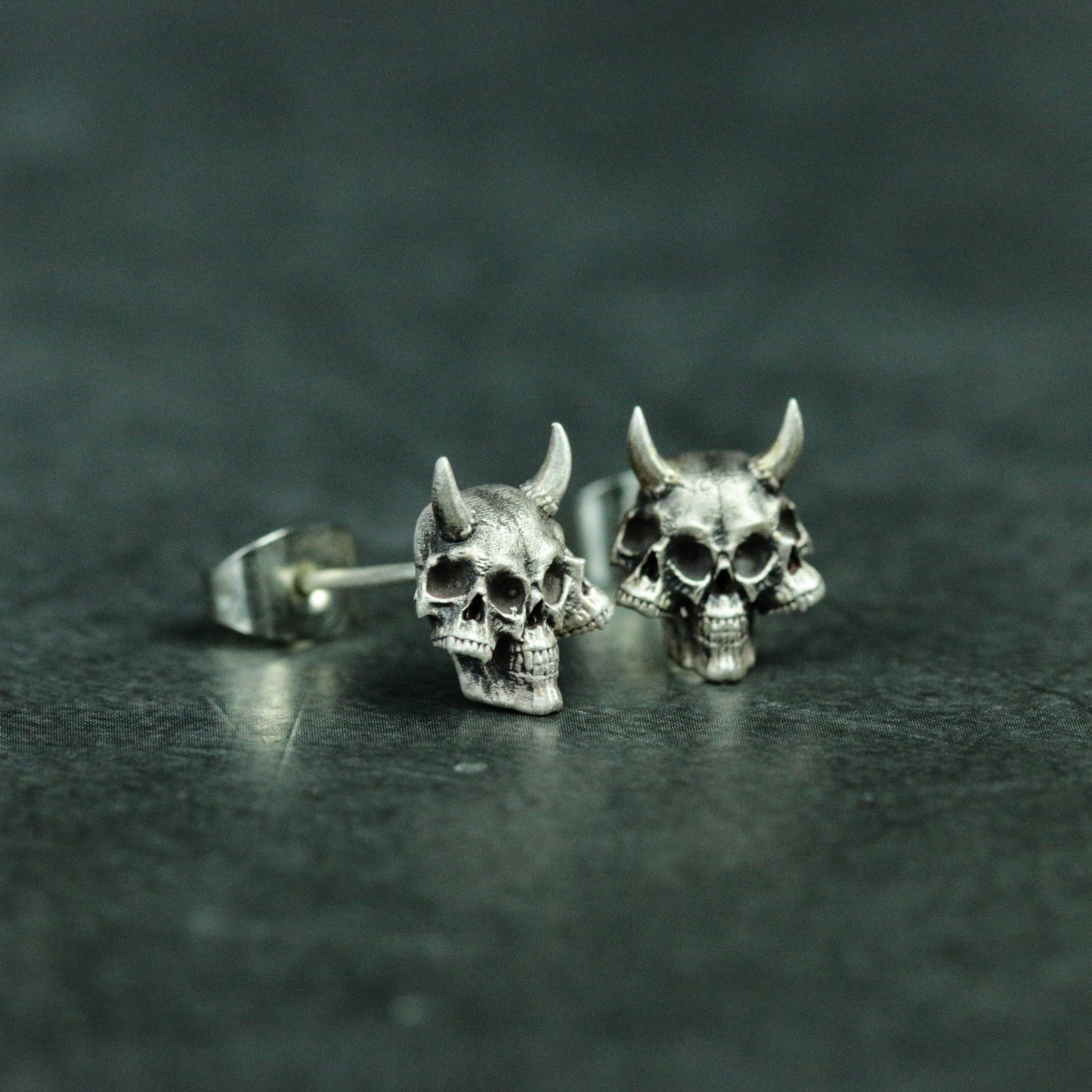 Three Skull 925 Sterling Silver Earrings, Devil Horns Skull Silver Stud Earrings, Gothic Skull Silver Stud Earrings - Handmade