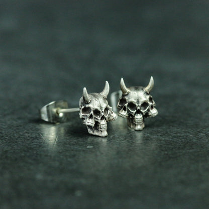 Three Skull 925 Sterling Silver Earrings, Devil Horns Skull Silver Stud Earrings, Gothic Skull Silver Stud Earrings - Handmade