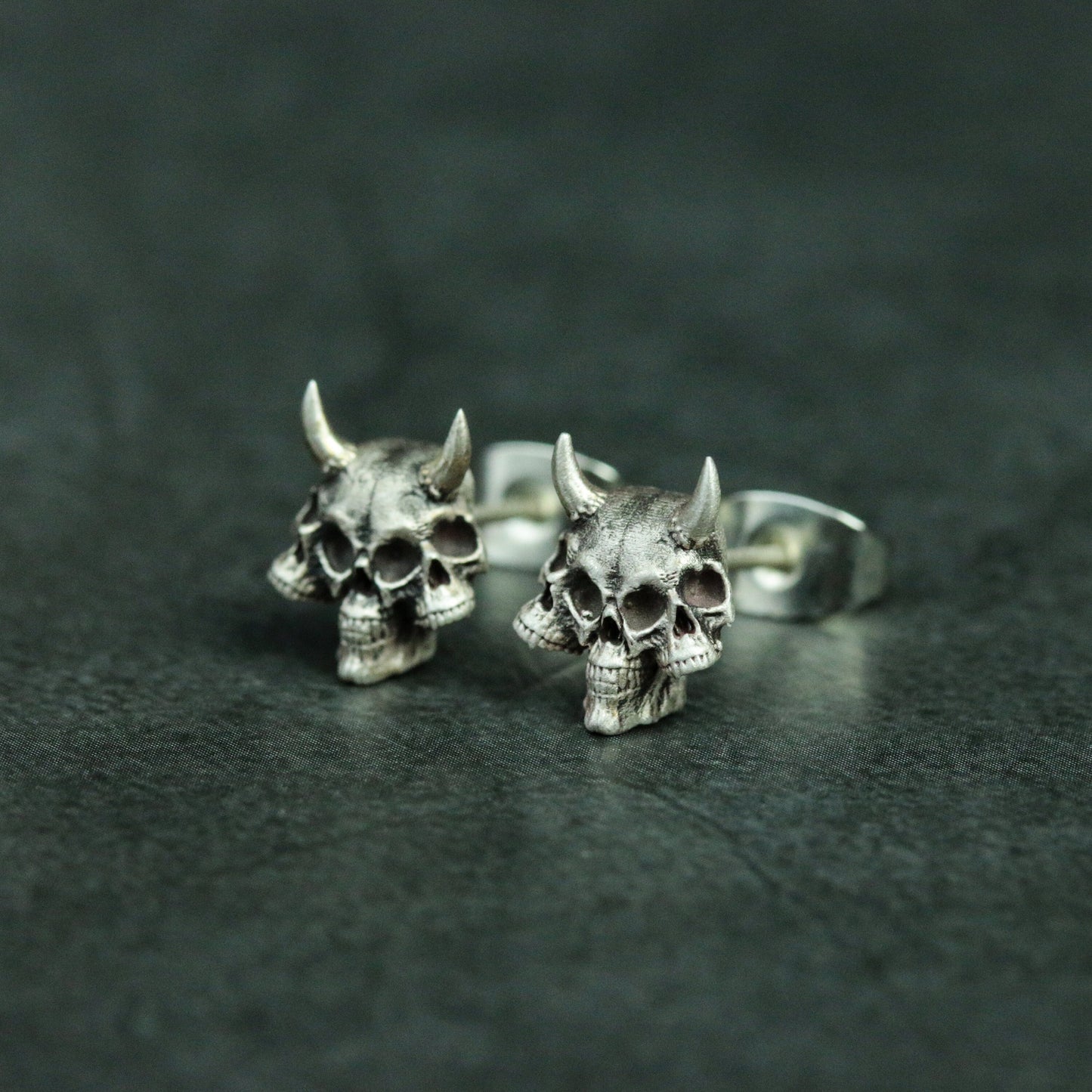 Three Skull 925 Sterling Silver Earrings, Devil Horns Skull Silver Stud Earrings, Gothic Skull Silver Stud Earrings - Handmade