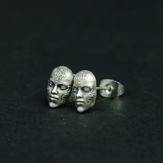 Woman Face 925 Sterling Silver Stud Earrings, Human Face Silver Earrings, Gothic Horror Personality Stud Earrings - Gift for Him