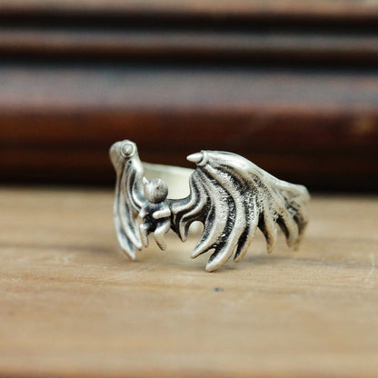 Angels and Demons 925 Silver Ring, Gothic Angel Couple Ring, Adjustable Handmade Sterling Silver Ring - Handmade