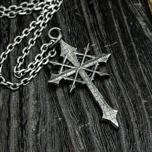 Sterling silver cross pendant necklace, gothic cross pendant, starburst cross, Jesus necklace, men's necklace - handmade