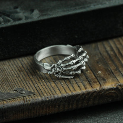 Hugging Hand Bone 925 Silver Ring, Gothic Bone Ring, Sterling Silver Ghost Vintage Ring Gift Artisan Made - SATANHORN