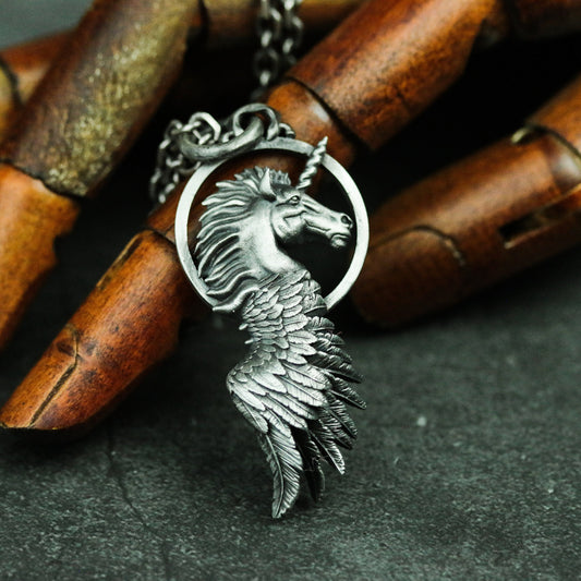 Angel Unicorn - Divine Beast Pegasus 925 Silver Pendant Necklace - Jewelry Gift for Believers - Unique Handmade Silver Pendant