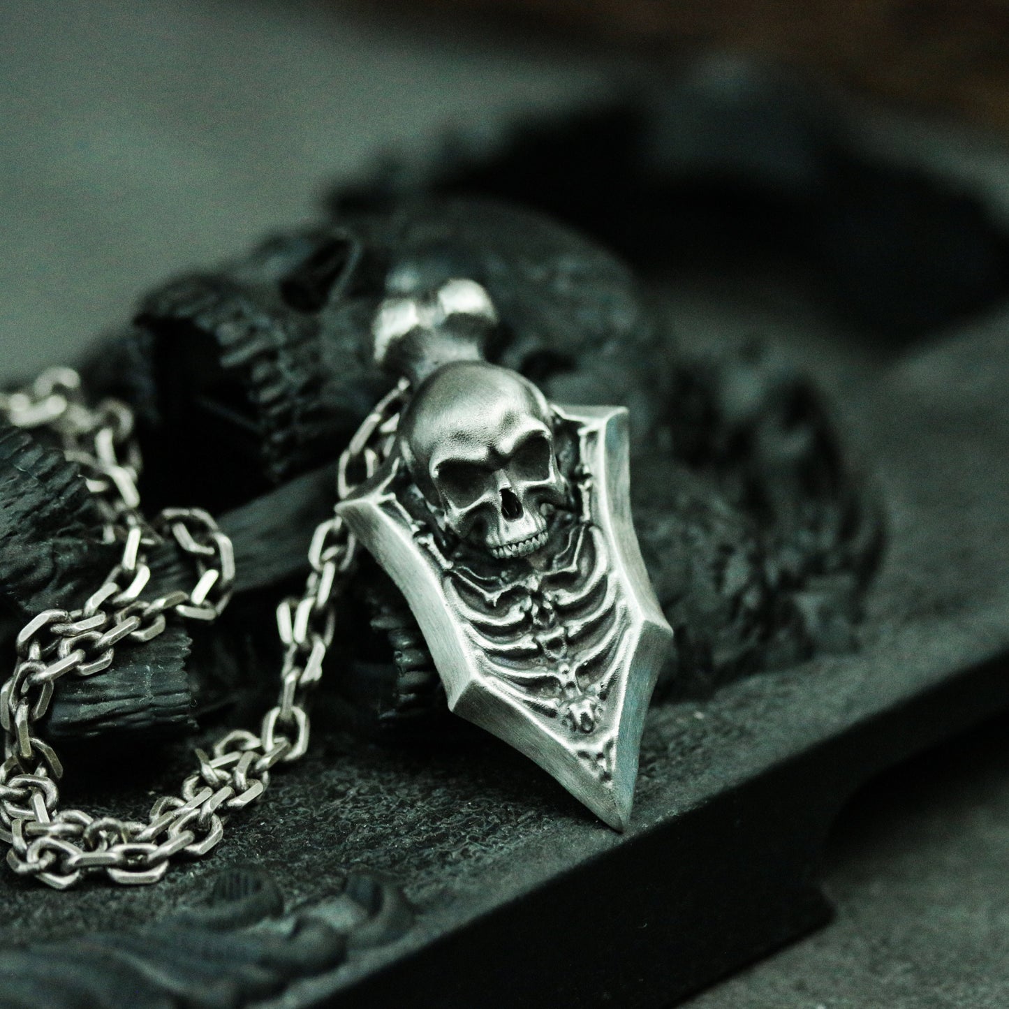 Gothic Skull Tag - Graveyard Reaper 925 Silver Pendant Necklace - Unique Handmade Silver Pendant