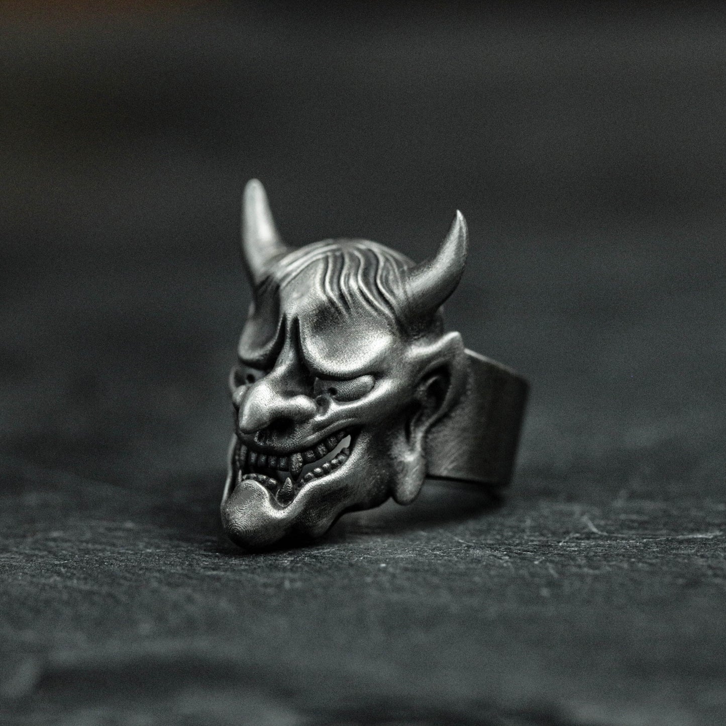 925 Sterling Silver Prajna Mask Ring, Japanese Ghost Mask, Samurai Jewelry, Men's Ring - Handmade