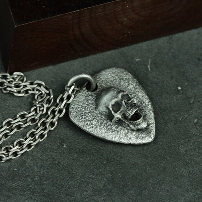 Gothic skull silver tag-guitar pick silver necklace pendant-handmade skull silver jewelry gift craftsman