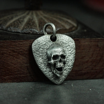 Gothic skull silver tag-guitar pick silver necklace pendant-handmade skull silver jewelry gift craftsman