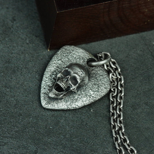 Gothic skull silver tag-guitar pick silver necklace pendant-handmade skull silver jewelry gift craftsman