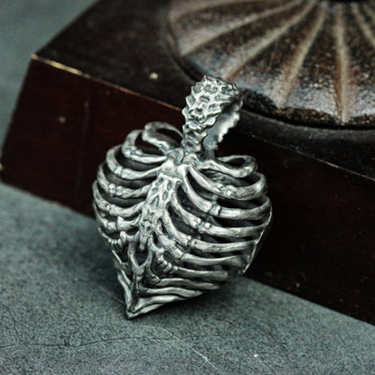 Heart and Ribs 925 Silver Pendant Necklace - Human Skeleton - Memorial Pendant Craftsman Made