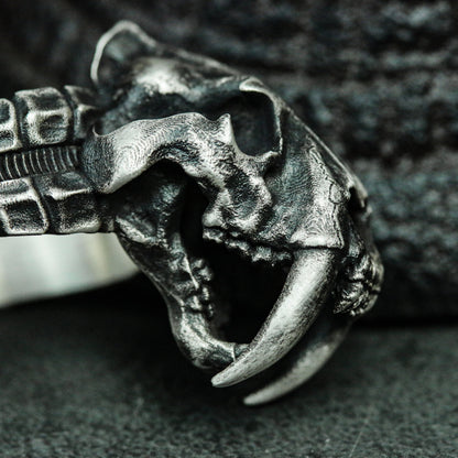 Saber-tooth tiger skull 925 silver ring, original tiger ring, imitation stone bone silver ring unique