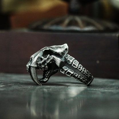 Saber-tooth tiger skull 925 silver ring, original tiger ring, imitation stone bone silver ring unique