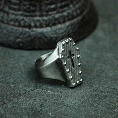 Cross Coffin 925 Silver Ring, Memorial Ring, Unique Memorial Gift Artisan Made