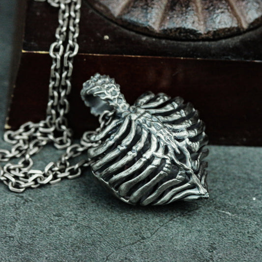 Heart and Ribs 925 Silver Pendant Necklace - Human Skeleton - Memorial Pendant Craftsman Made