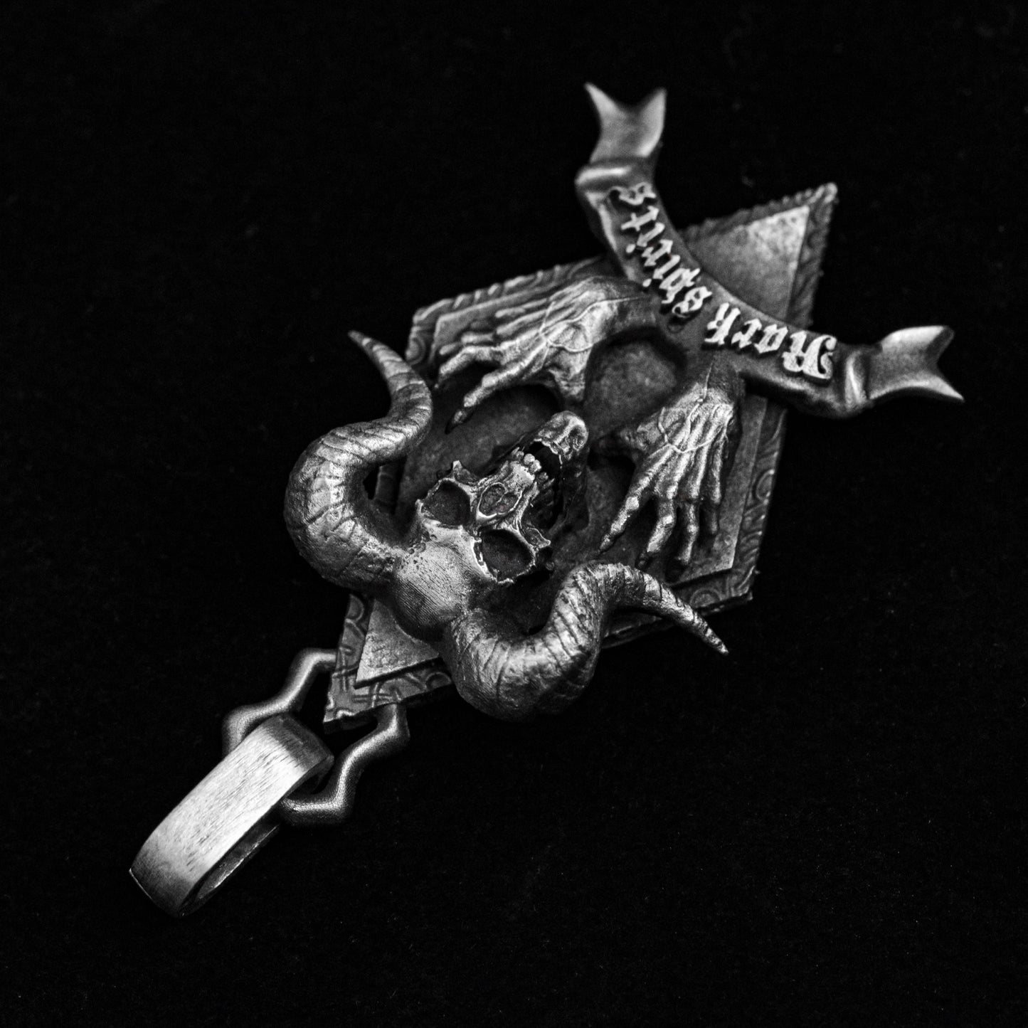 Rhombus hangtag, skull silver necklace, magic claw pendant, ghost hand zombie engraved characters custom silver jewelry death guardian